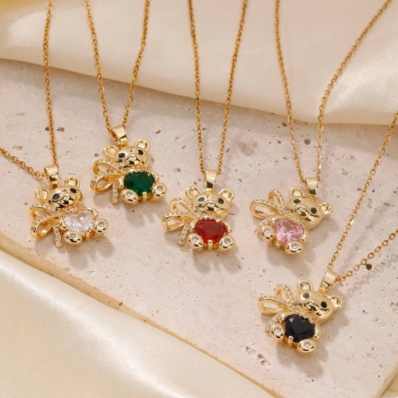 304 Stainless Steel Copper Rhodium Plated Inlay Bear Heart Shape Glass Zircon Pendant Necklace