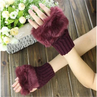 CUHAKCI Half Finger Woolen Winter Gloves Women Knitted Warm Mittens Long Imitation Rabbit Hair Lovely Fur Patchwork