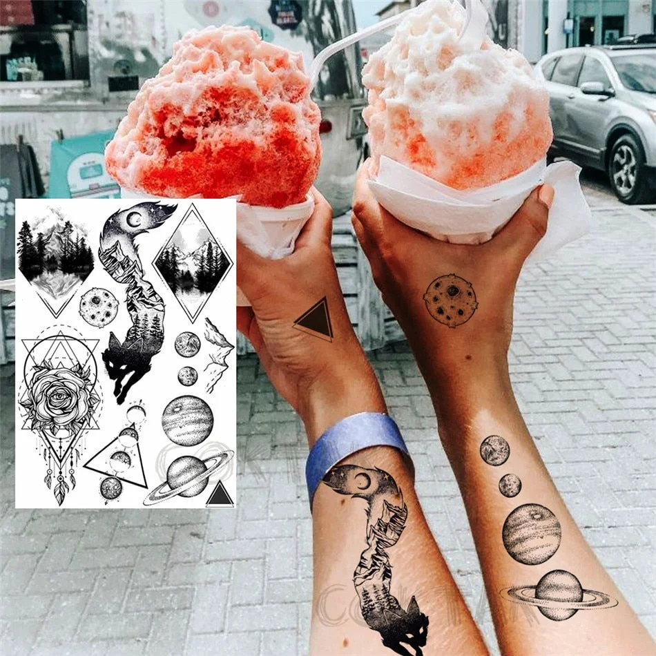 Creative Space Temporary Tattoos For Men Women Astronaut Planets Fake Chains Tatoos Temporary Black Mountain DIY Tatoo Geometric