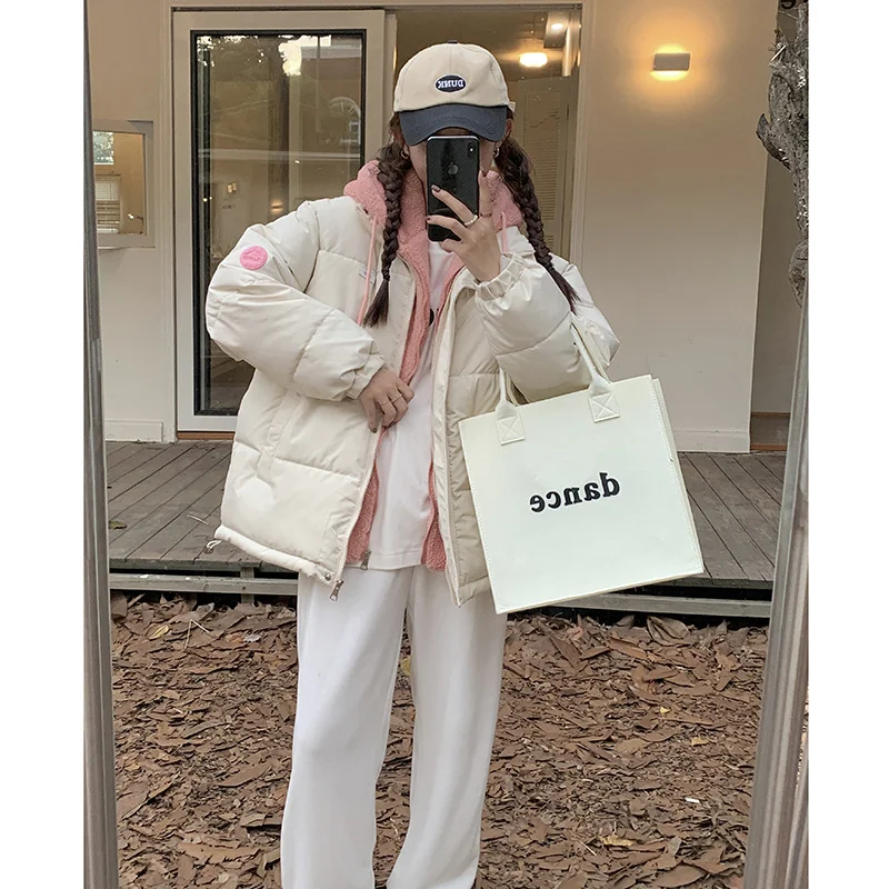 Ueong Autumn And Winter New Couple Coat Female Lamb Wool Stitching Fake Two Thick Hooded Down Cotton Suit Female