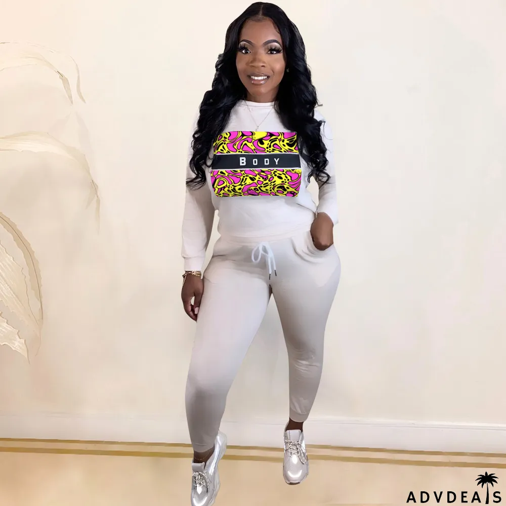 Autumn Casual Print Round Neck Sweatsuit