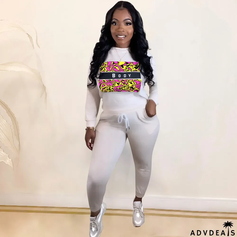 Autumn Casual Print Round Neck Sweatsuit