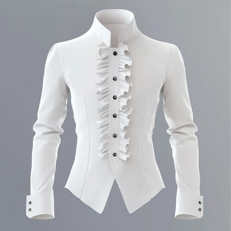 Okaywear Stand Collar Ruffled Button Long Sleeve Shirt 