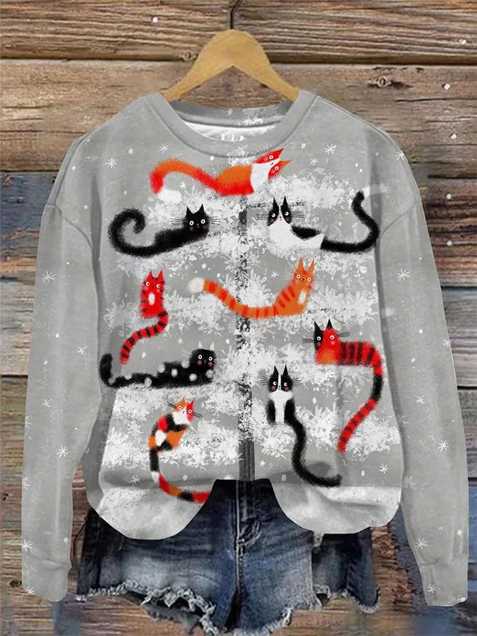 Women's Casual Cat Printed Long Sleeve Sweatshirt