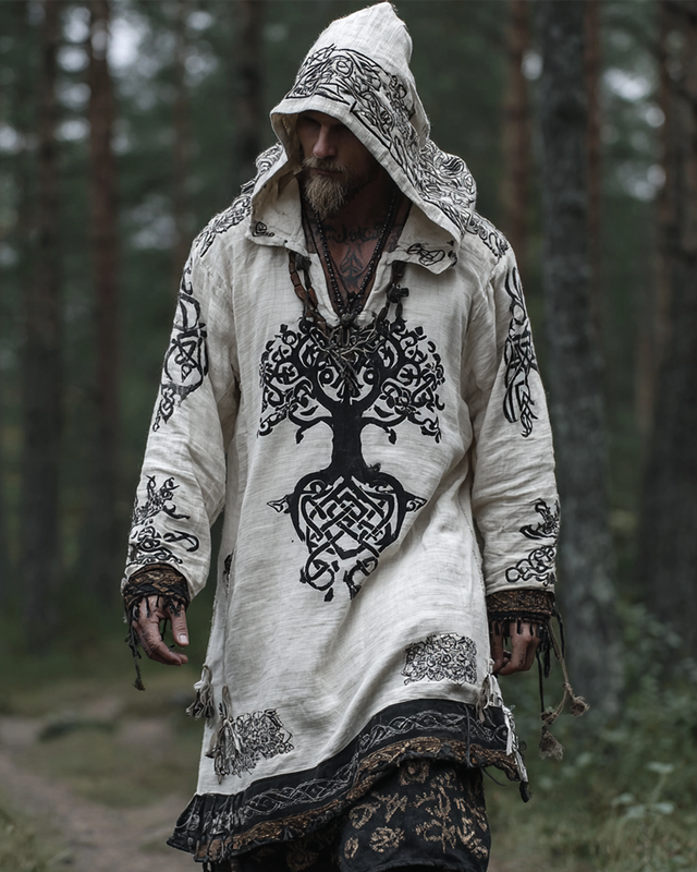 Men's Holiday Viking Themed Tree of Life Stereo Embroidery Casual Linen Hooded Kaftan b0ed