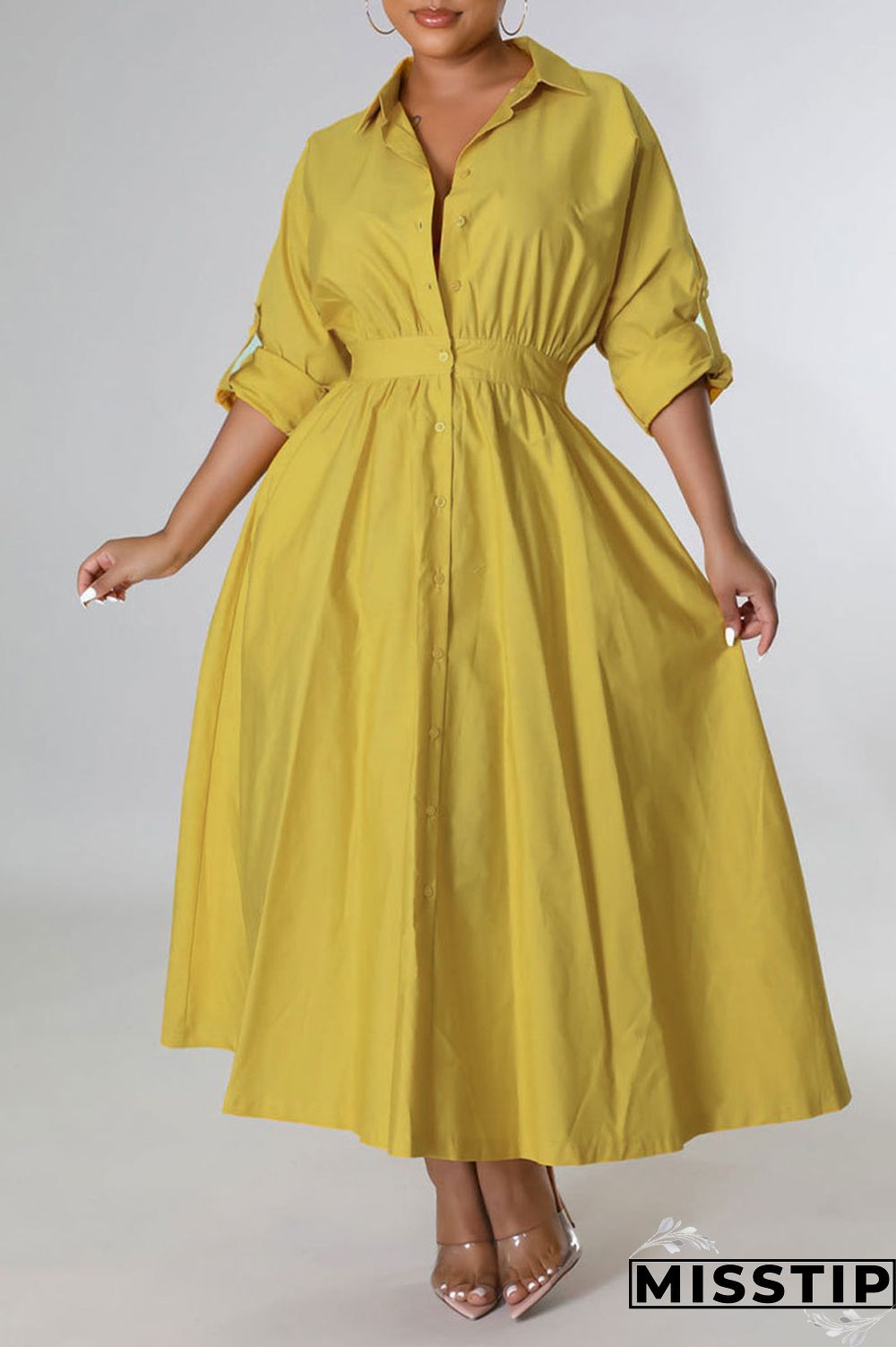 White Casual Solid Patchwork Buckle Turndown Collar Shirt Dress Dresses