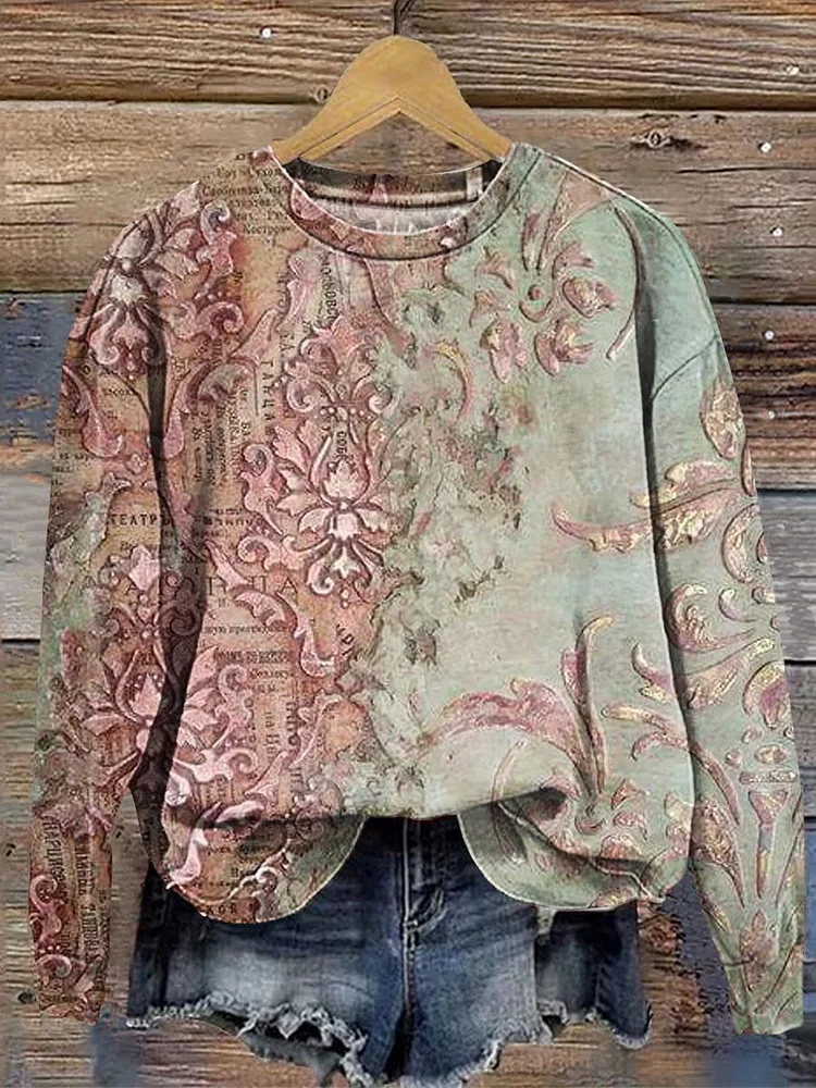 Women's Vintage Nostalgia Ethnic Print Casual Crew Neck Sweatshirt