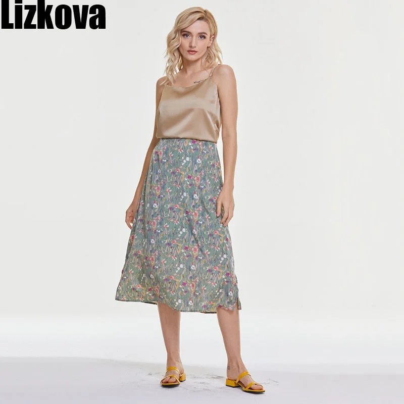 Lizkova Spring Floral Print Skirt Women High Waist Boho Mujer Faldas Split Summer 2021 Korean Style Holiday Femme Jupes