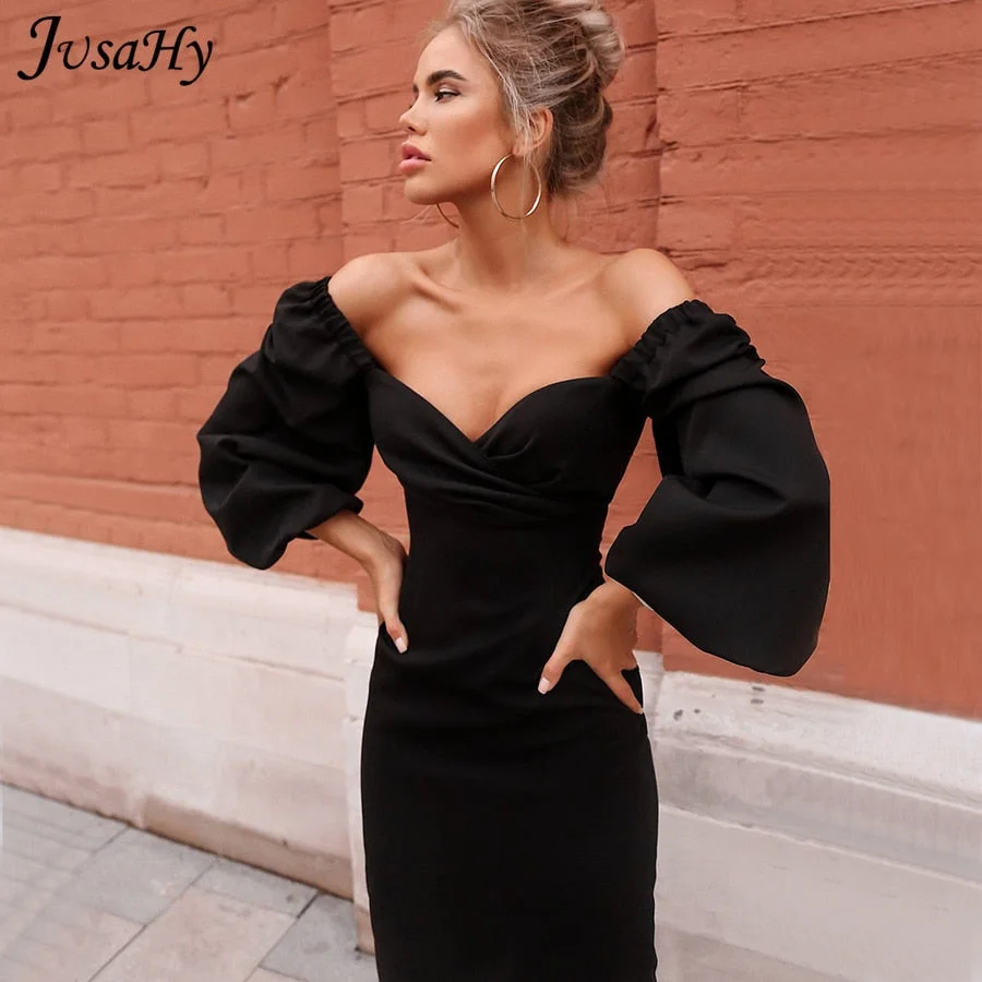 JusaHy Elegant Pure Color Latern Sleeves Bodycon Dress for Women Party Clubwear Formal Midi dresses Mujer Casual Streetwear Hot