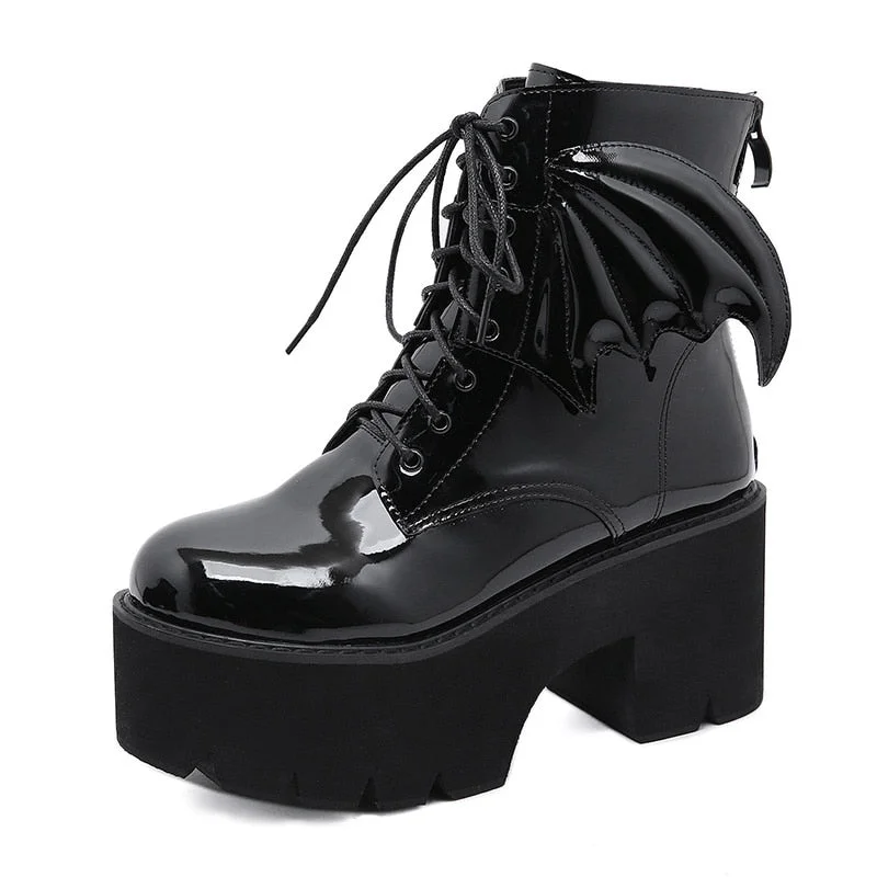 Gdgydh New Fashion Angel Wing Ankle Boots High Heels Patent Leather Womens Platform Boots Punk Gothic Sexy Model Shoes Prefect