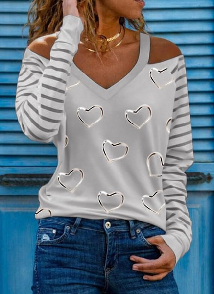Spring and Early Autumn New Fashion Women's Love Printed Strapless Long Sleeve V-neck Casual Top Loose Plus Size Soft and Comfortable Bottoming Shirt in Autumn and Winter XS-5XL - Shop Trendy Women's Clothing | LoverChic