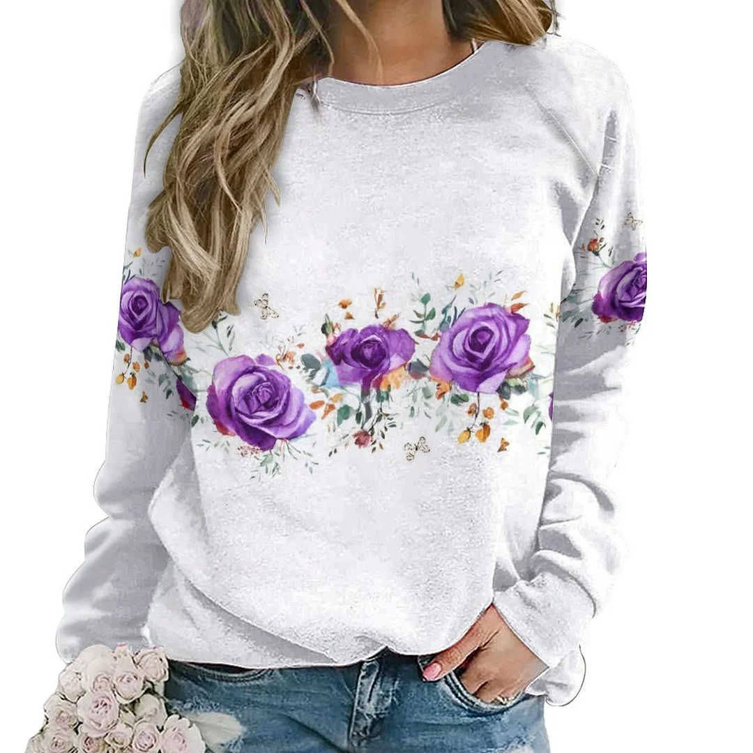 Printed Long Sleeve Casual Sweatshirt for  Women and Men Unisex Pattern Floral, Purple, Pink