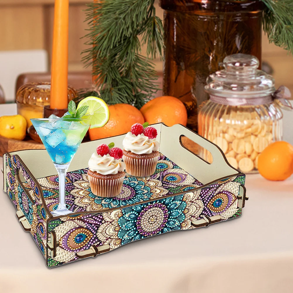 5D DIY Mandala Diamond Painting Wooden Serving Tray with Handle for Coffee Table