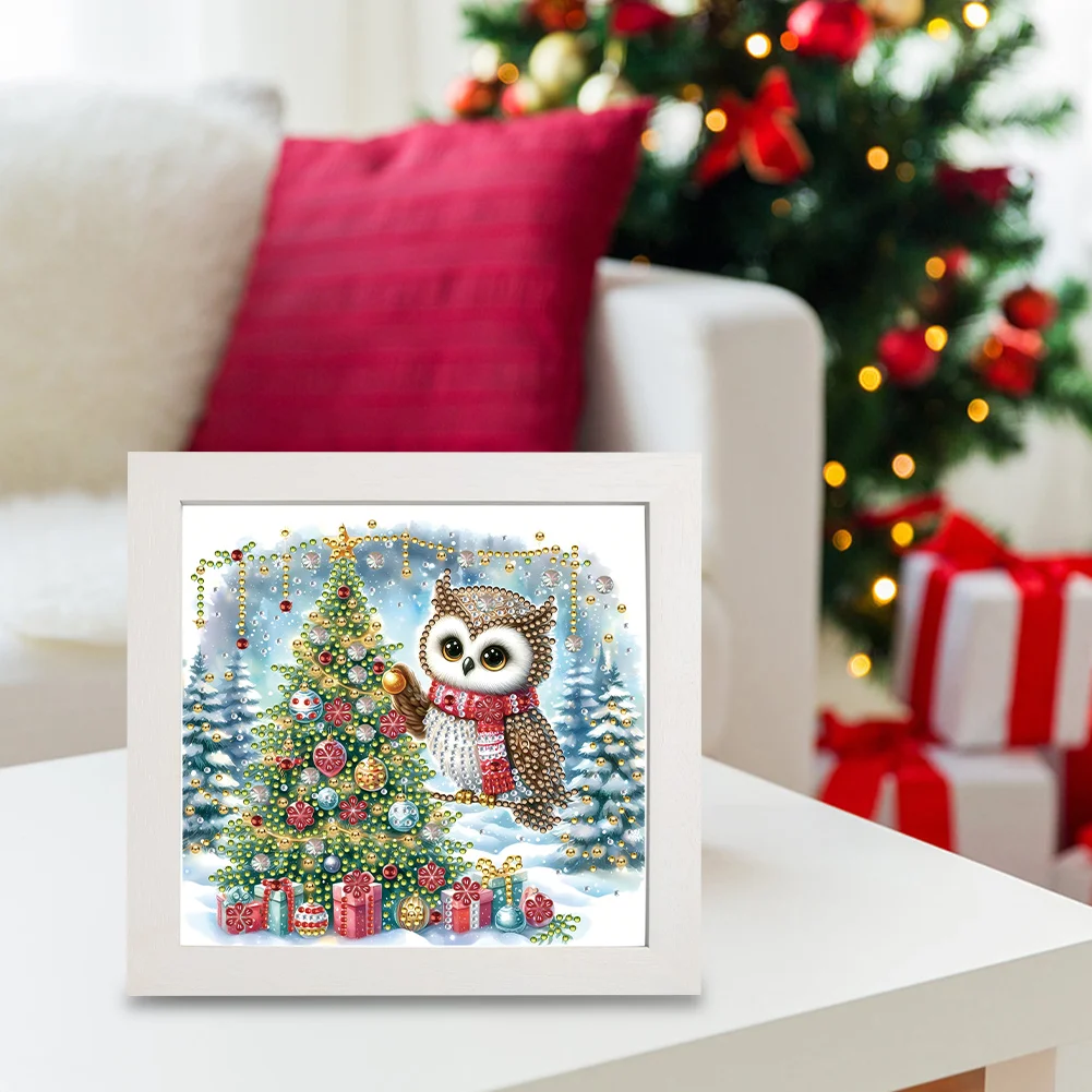 5D DIY Partial Special Shaped Drill Diamond Painting Christmas Tree Owl Home Kit 19.2x19.2cm【With Frame】