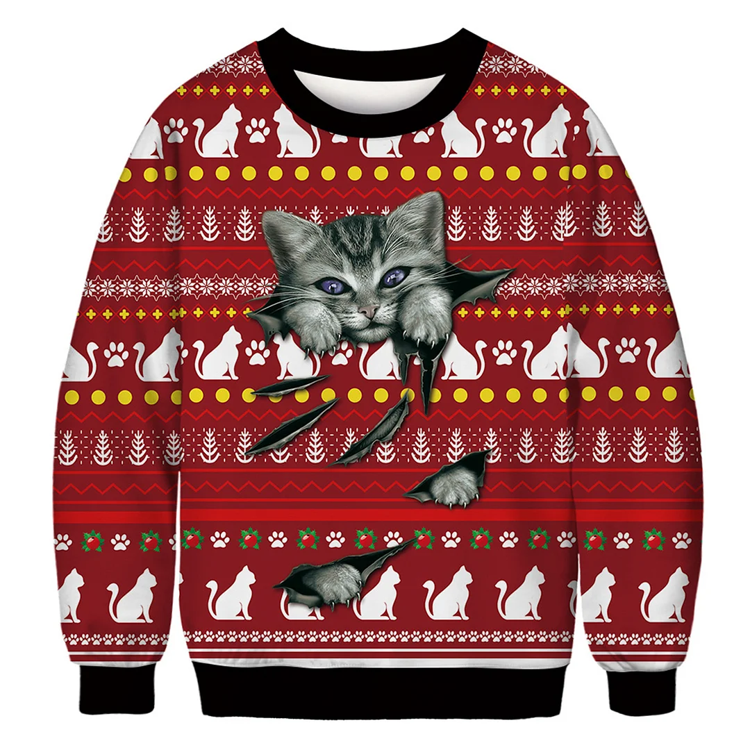 Unisex 3D Animal Cute Cat Print Christmas Sweatshirt、、URBENIE
