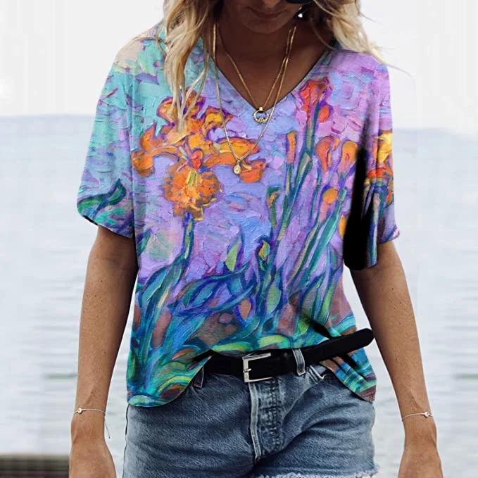 Floral Painting Art V Neck Casual T-Shirt