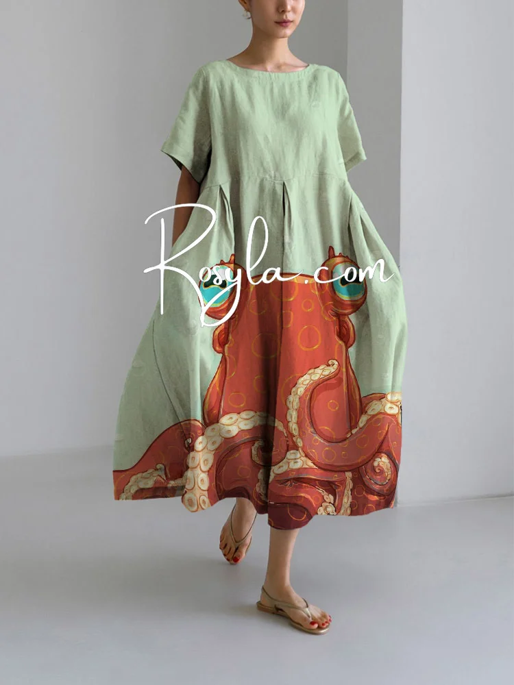 Women's Casual Funny Octopus Print Loose Round Neck Medium Length Skirt Dress