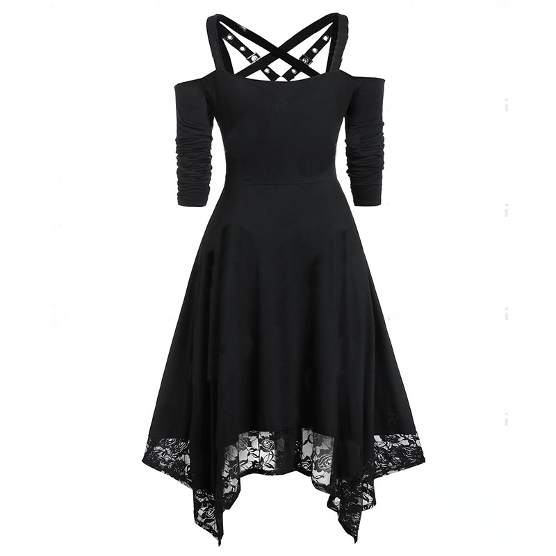 Lace Paneled Asymmetrical Half Sleeve Harness Dress