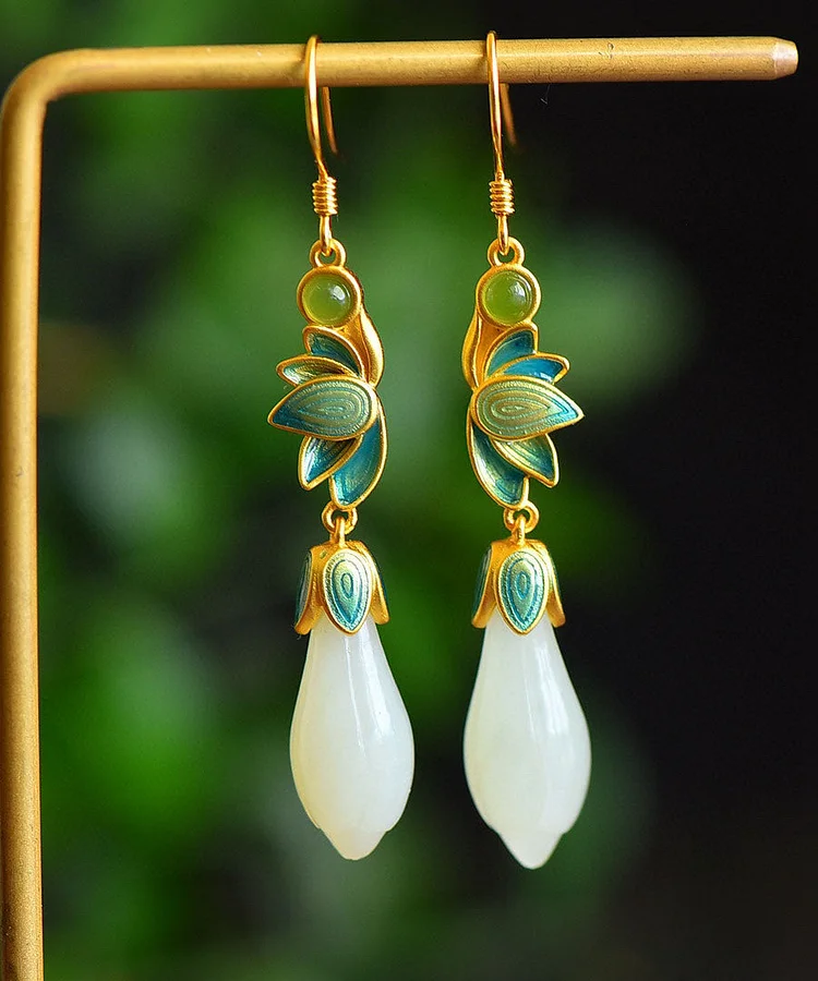 Beautiful Gold Sterling Silver Inlaid Jade Orchid Enamel Drop Earrings
