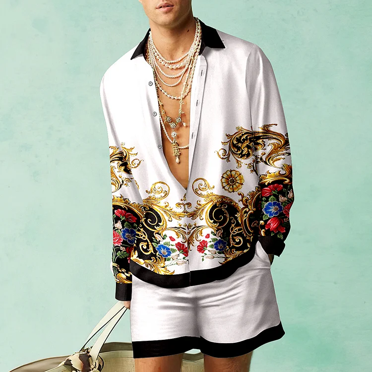 BrosWear Color Contrast Baroque Print Shirt And Shorts Co-Ord