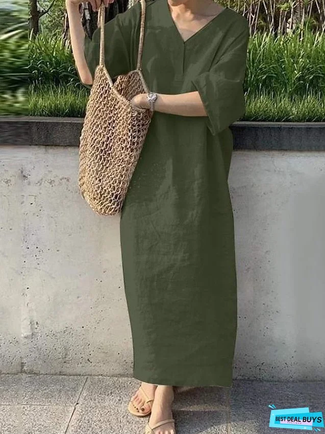 Cotton Linen Dress Casual Dress Shift Dress Maxi long Dress Cotton Blend Fashion Casual Outdoor Daily V Neck Button Short Sleeve Summer Spring Loose Fit Navy Blue Orange Green Pure Color for Women