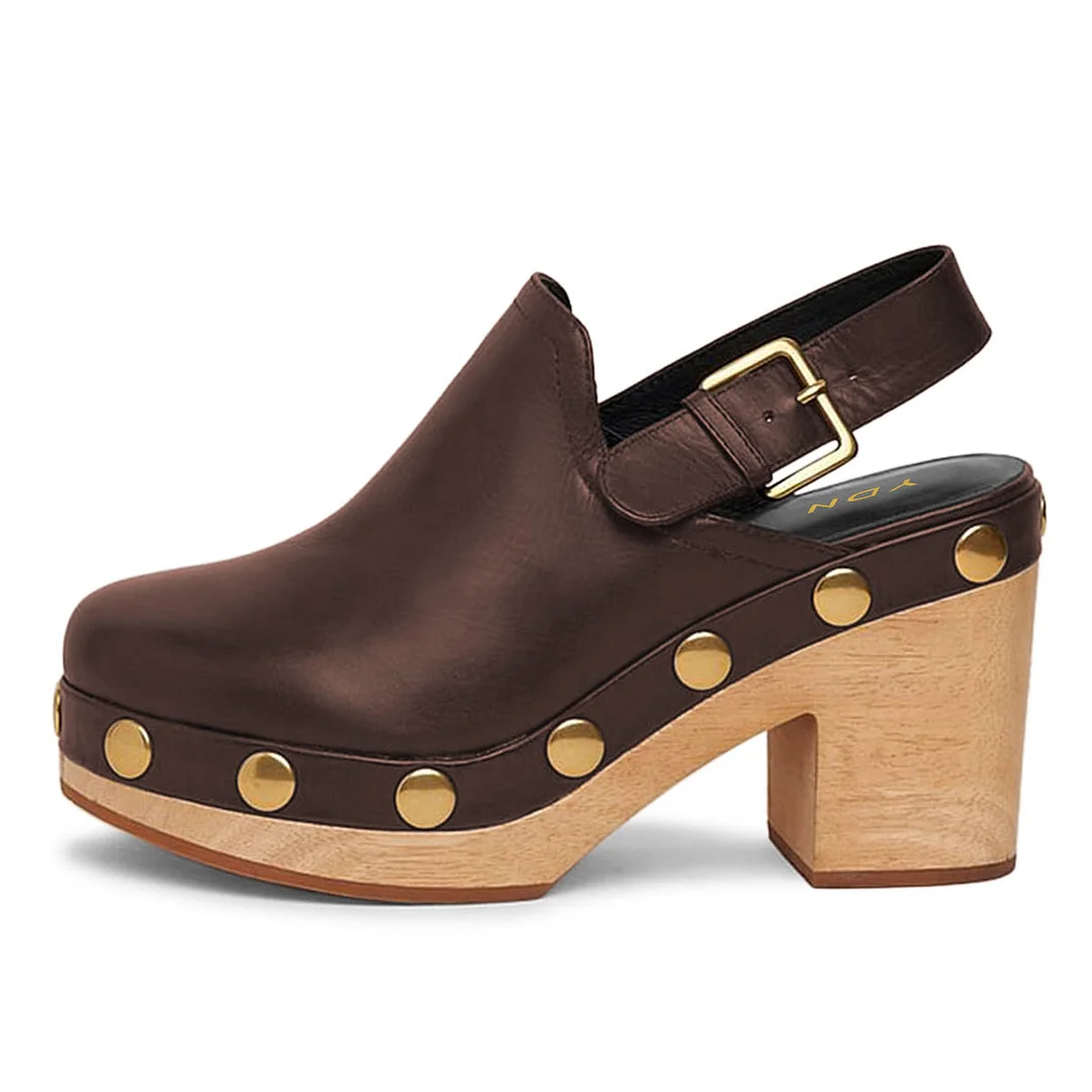 Brown Vegan Leather Round Toe Studded Slingback Heels with Platform