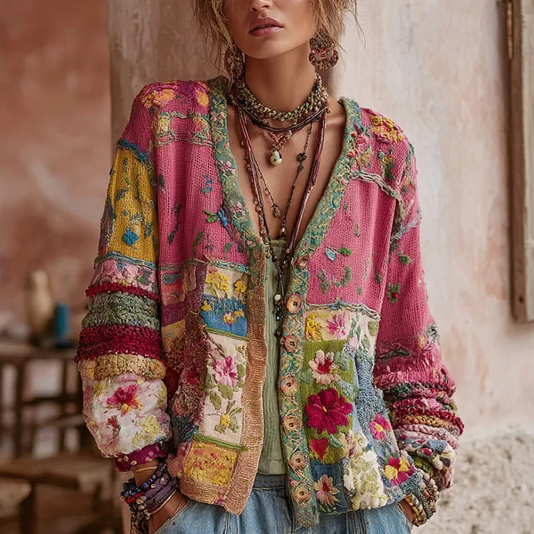 Women's Vintage Bohemian Floral Embroidery Patchwork Art V Neck Cardigan Sweater