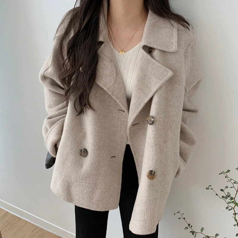 Autumn and Winter Temperament Large Lapel Pocket Double Breasted Loose Short Wool Coat | EGEMISS