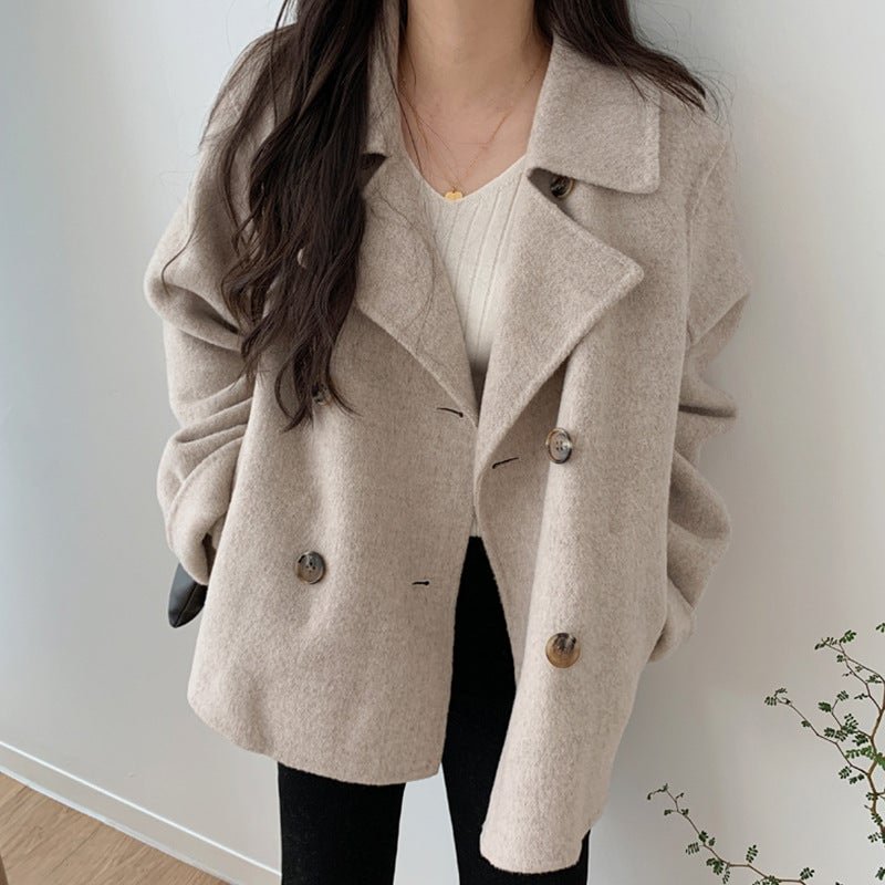 Autumn and Winter Temperament Large Lapel Pocket Double Breasted Loose Short Wool Coat | EGEMISS