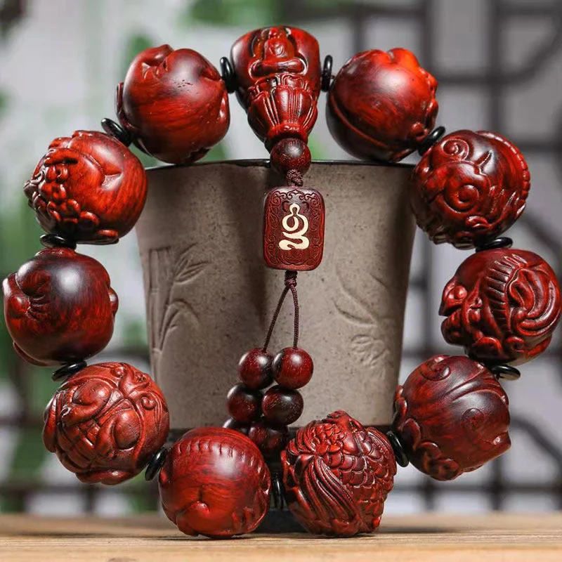 Tibetan Buddhist Red Sandalwood Carving Beads Bracelet 25mm