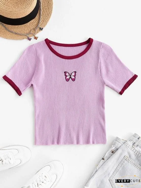 Butterfly Print Ribbed Knit Ringer Top for Women