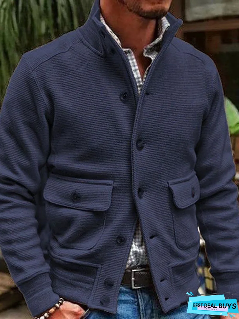 Men's Stand Collar Solid Color Casual Jacket