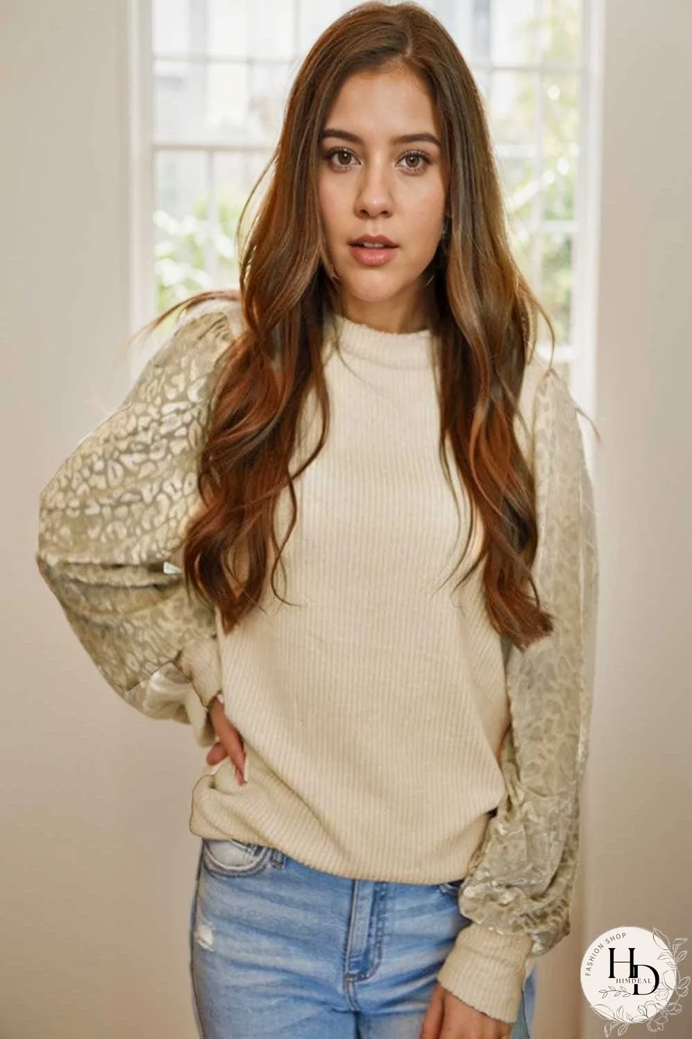 women s loose fit leopard print knit pullover with round neck and casual style top