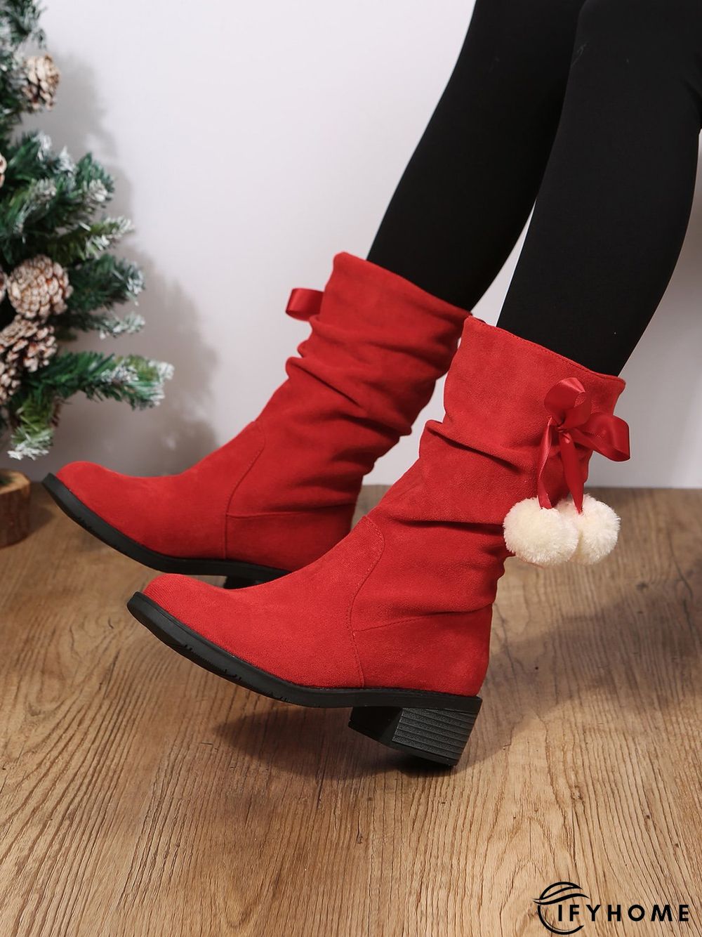 Christmas Pompom Decor Faux Suede Slouchy Boots | IFYHOME