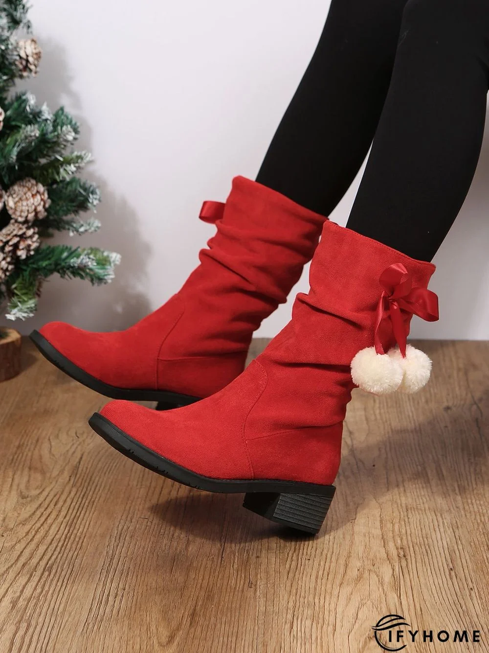 Christmas Pompom Decor Faux Suede Slouchy Boots | IFYHOME