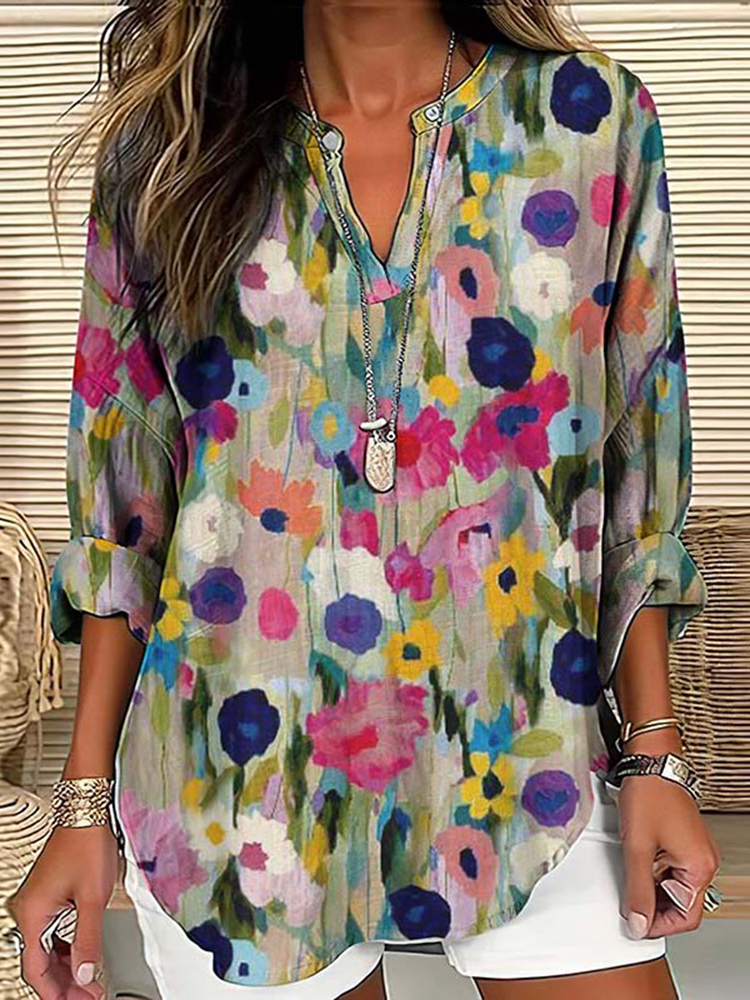 Comstylish Vintage Colorful Floral Art Printed V Neck Casual Shirt