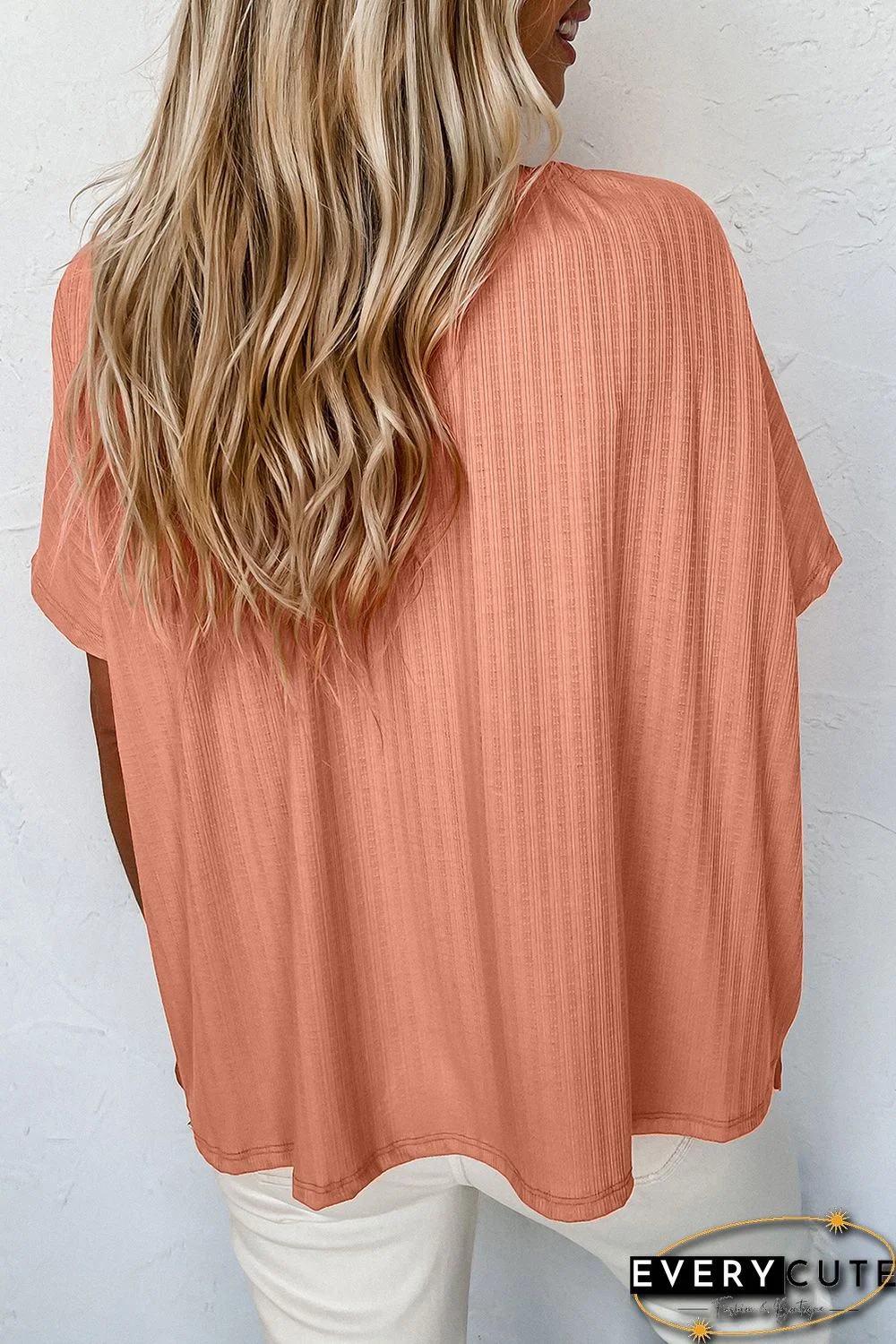 Orange Notched V Neck Buttoned Front Textured Loose Top