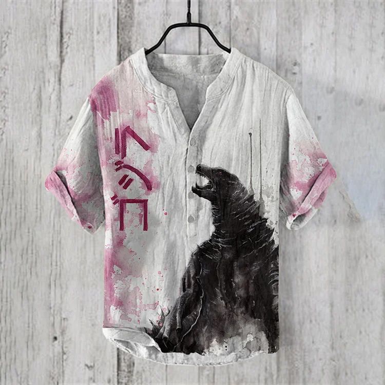 Japanese Godzilla Watercolor Painting Art Print Henry Collar Shirt