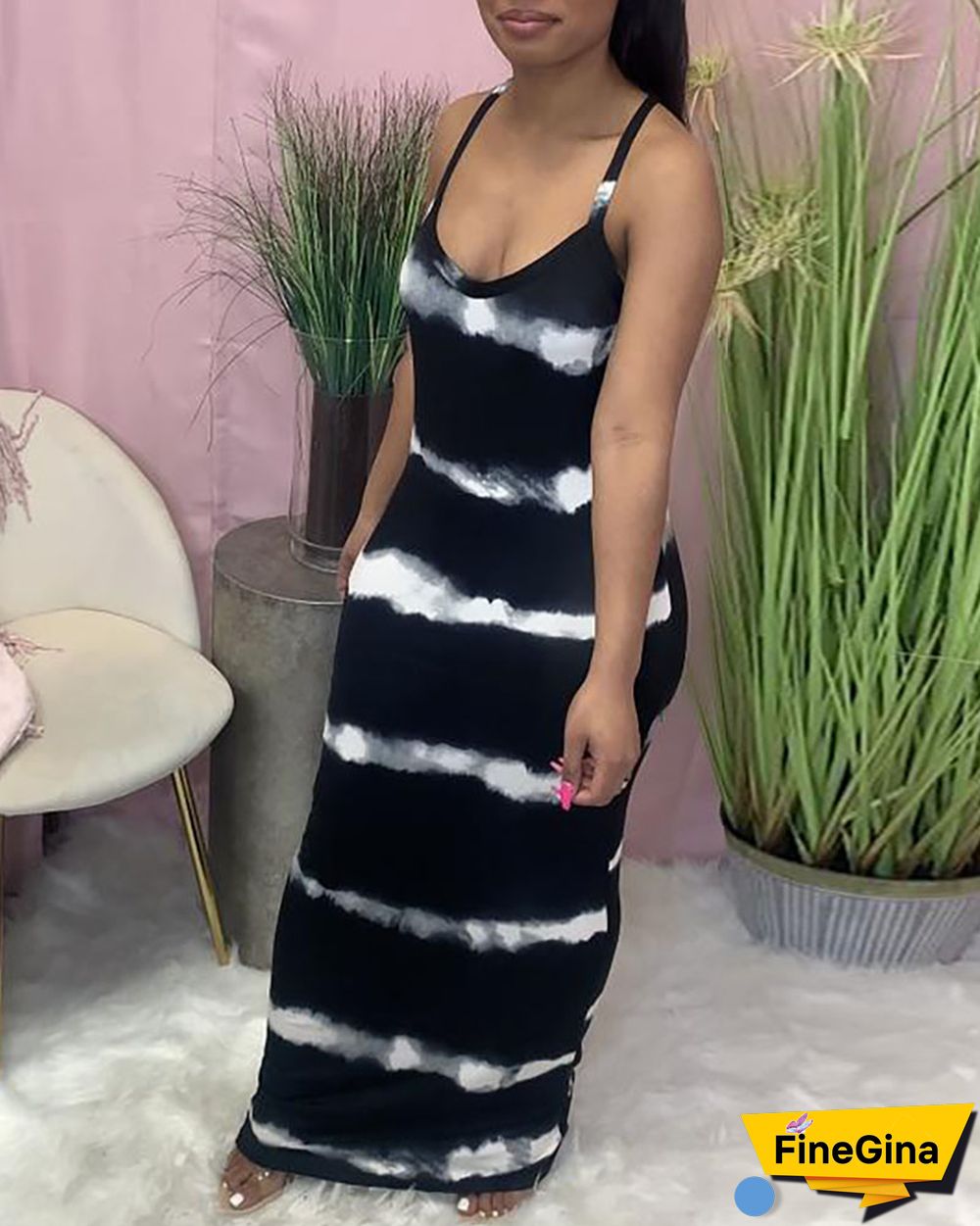 Tie Dye Print V-Neck Thin Strap Maxi Dress