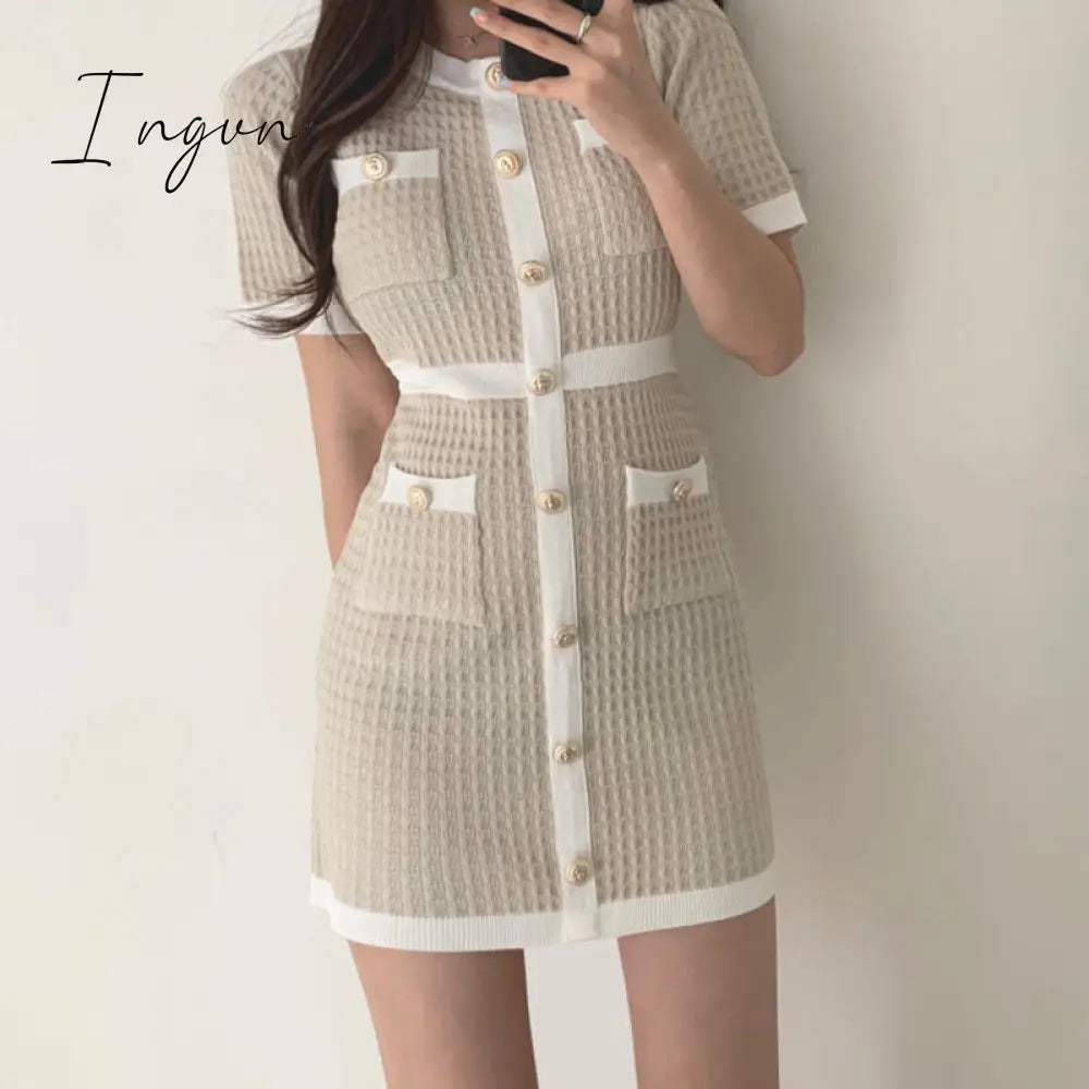 Ingvn - Button Knitted Dress Bodycon Mini Vestido Curto Korean Summer Sexy Party Elegant Black Moda