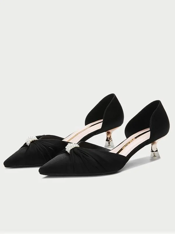 Elegant pointed stiletto mid-heel high heels with rhinestone buckle