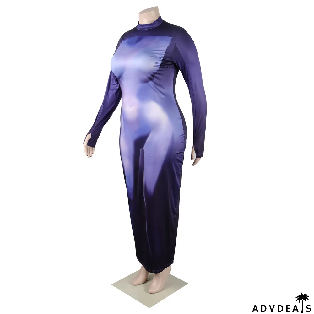 Fashion Casual Round Neck Slim Print Long Sleeve Bodycon Dress