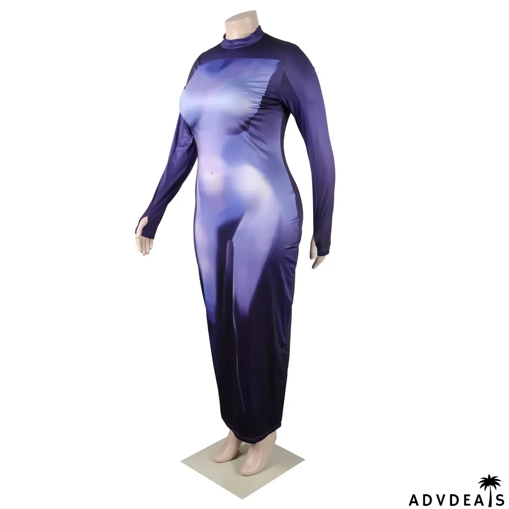 Fashion Casual Round Neck Slim Print Long Sleeve Bodycon Dress