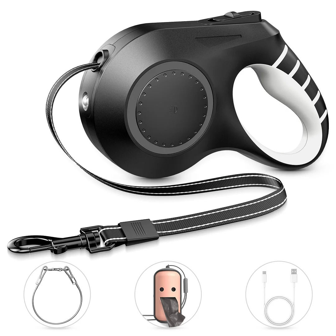 BEBANG Retractable Dog Leash with LED Light, 0ft Dog Leash Retractable with Chew Proof Wire Rope Poop Bag Dispenser for Medium Large Dog Up to 110lbs
