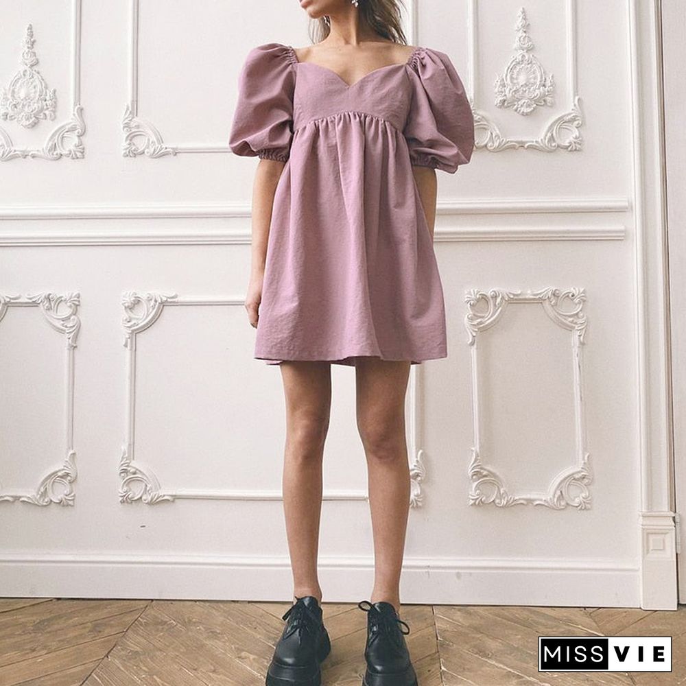 Cotton V-Neck Loose Lantern Sleeve Mini Dress Fashion Blue Summer Women A-Line Dress Solid Retro High Waist Vestido