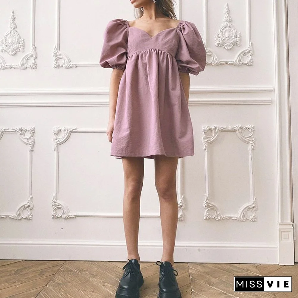 Cotton V-Neck Loose Lantern Sleeve Mini Dress Fashion Blue Summer Women A-Line Dress Solid Retro High Waist Vestido