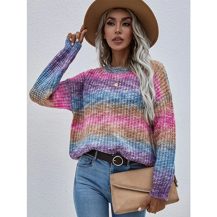 Tie Dye Knitted Women's Sweater Loose Crew Neck Long Sleeve Outwear Female Rainbow Striped Fashion Sweater Pullover