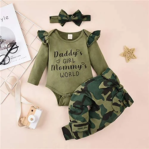 3PCS Daddy's Girl Mommy's World Camouflage Printed Baby Girl Set