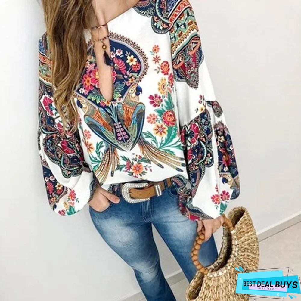 Boho Floral Print Lantern Sleeve Shirt Sexy Lace-Up Tassel O Neck Women Tops Blouse