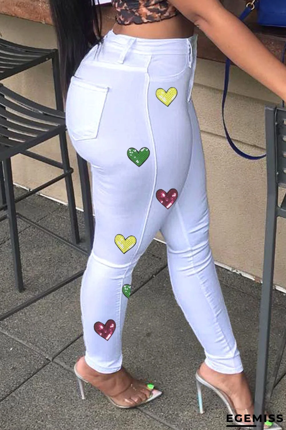 White Casual Print Patchwork High Waist Skinny Denim Jeans | EGEMISS